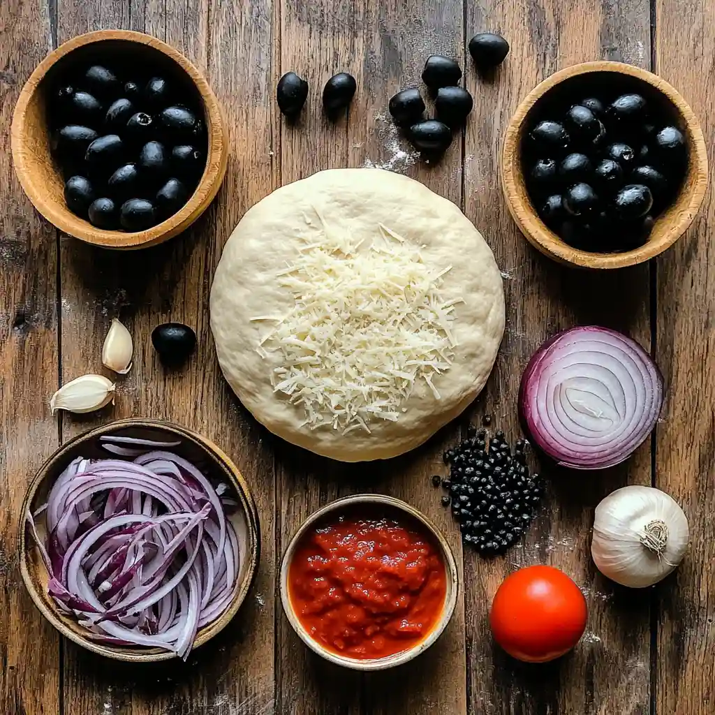 black olives pizza ingredients flat lay