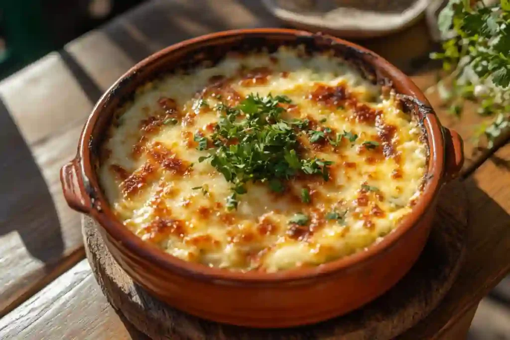 Callo de hacha gratinado with golden cheese in rustic dish