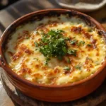 Callo de hacha gratinado with golden cheese in rustic dish