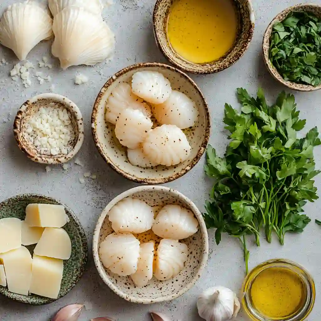 Ingredients for callo de hacha gratinado on counter