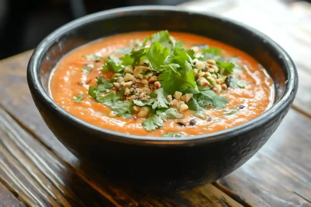carrot pasilla pepper soup served hot