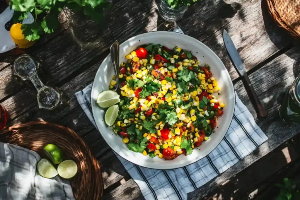 Grilled corn and pasilla pepper salad served outdoors