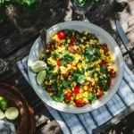 Grilled corn and pasilla pepper salad served outdoors