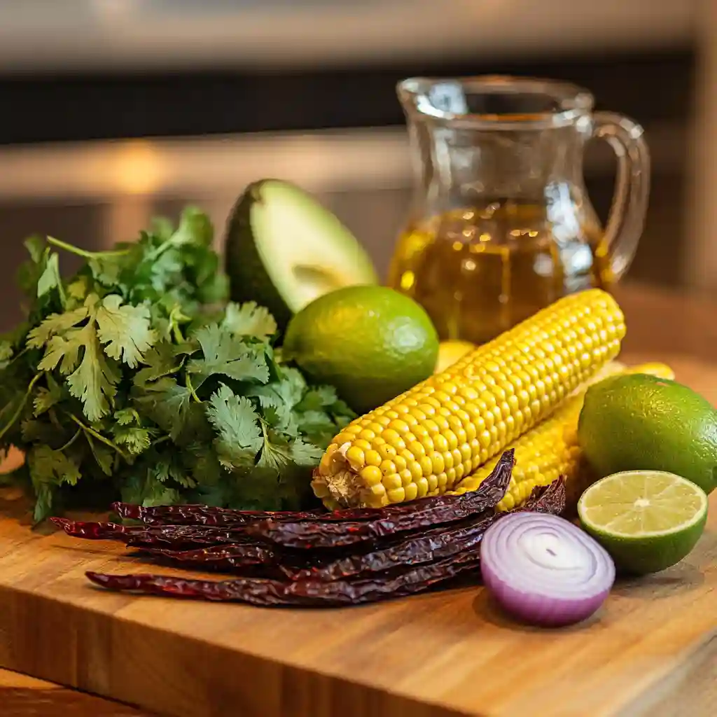 Ingredients for grilled corn and pasilla pepper salad