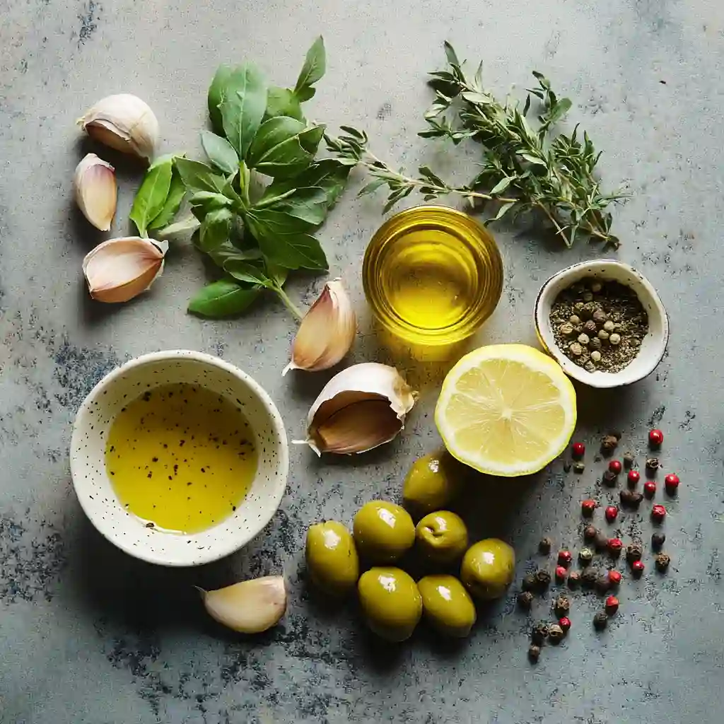 ingredients for marinated green olives laid out on counter