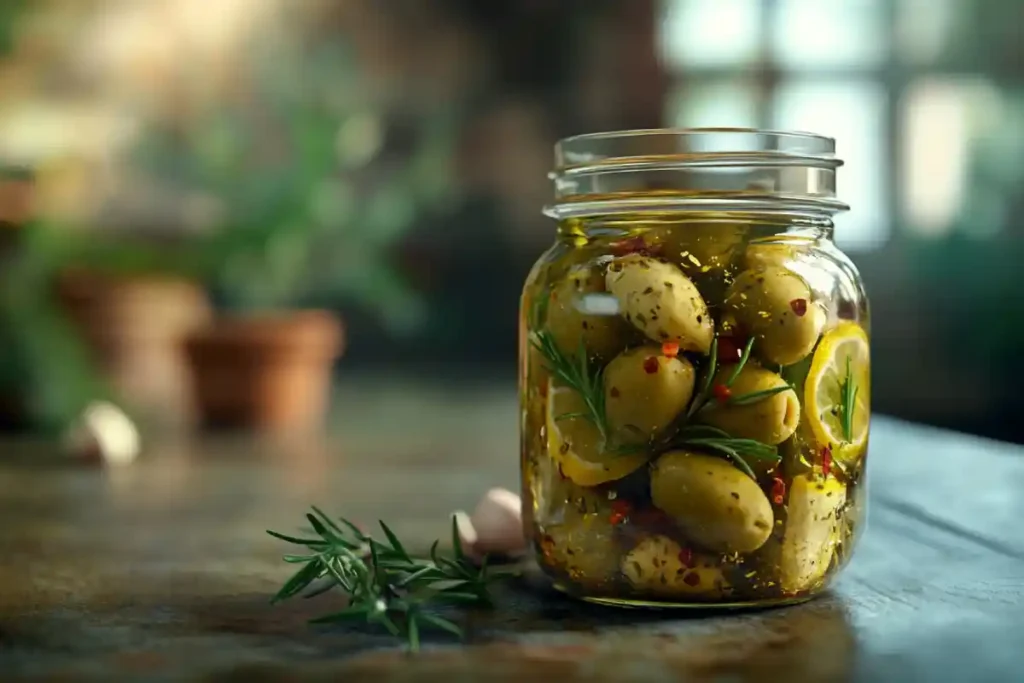 marinated green olives recipe with garlic, lemon, and herbs