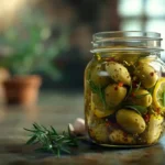 marinated green olives recipe with garlic, lemon, and herbs