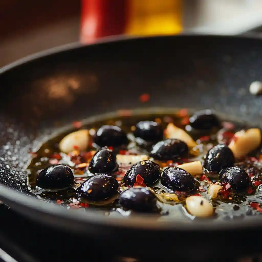 Black olives cooking in garlic oil