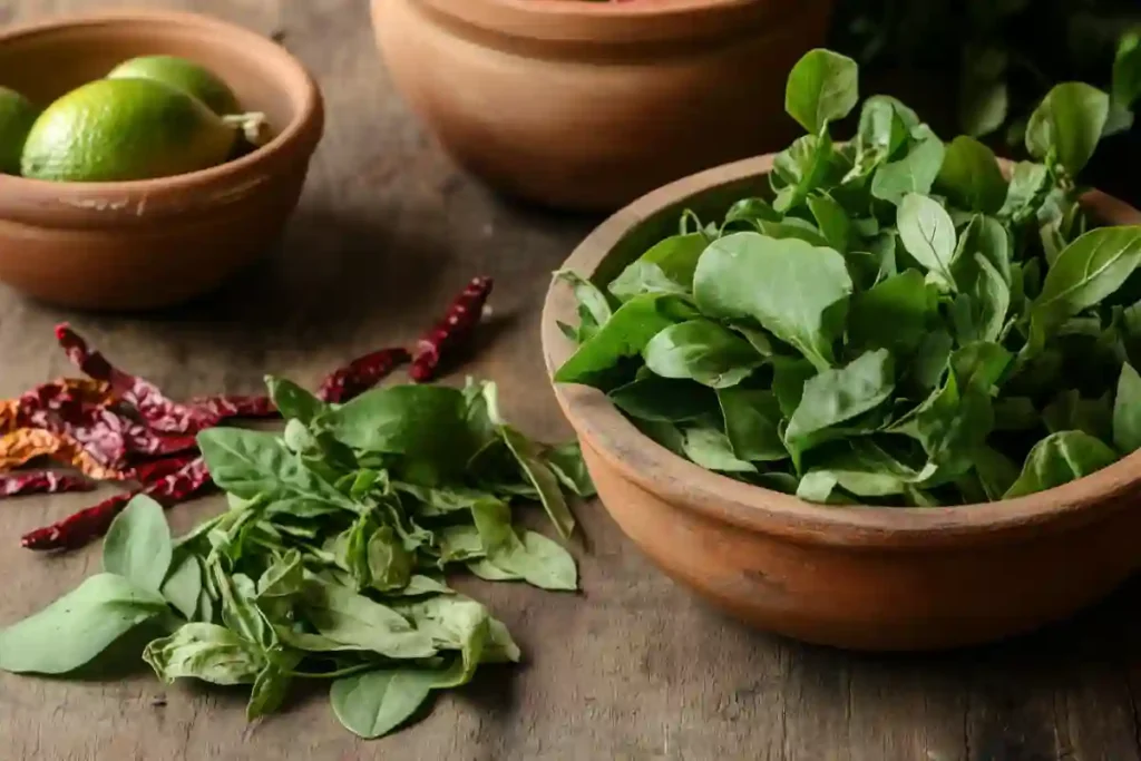 Fresh papalo leaves on rustic table