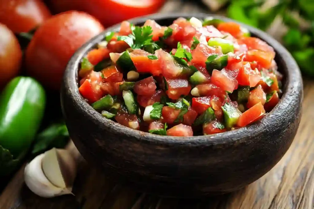 Fresh papalo salsa with tomatoes and herbs