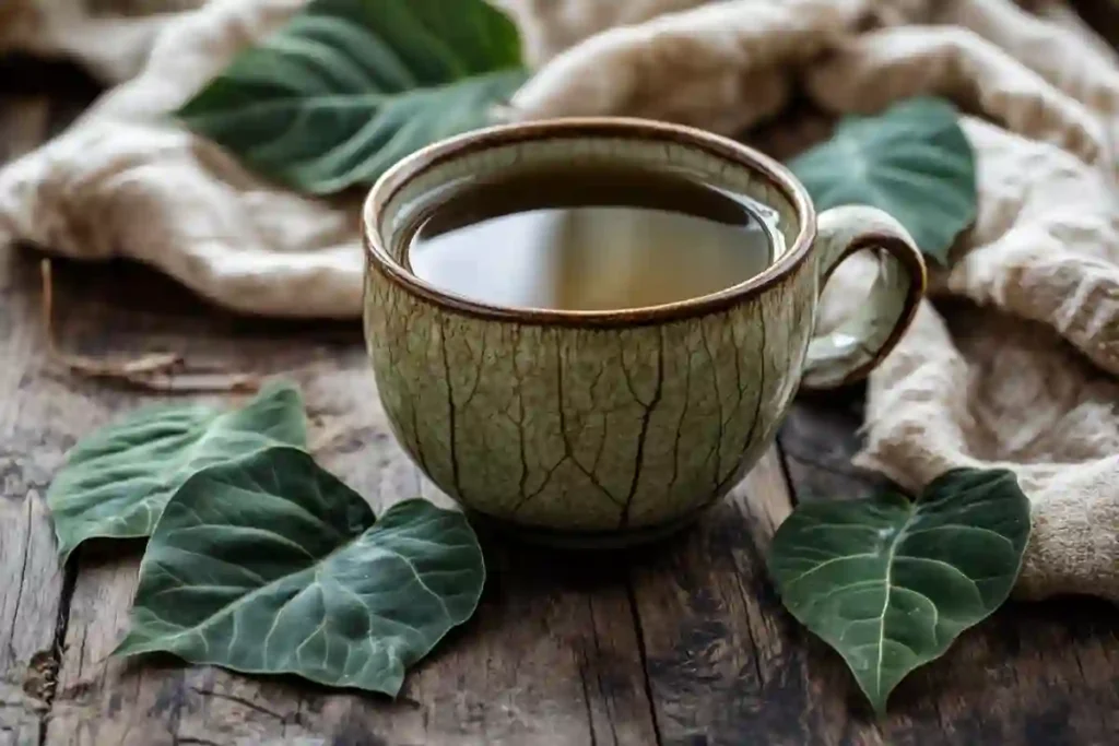 Papalo tea in ceramic mug with fresh papalo leaves