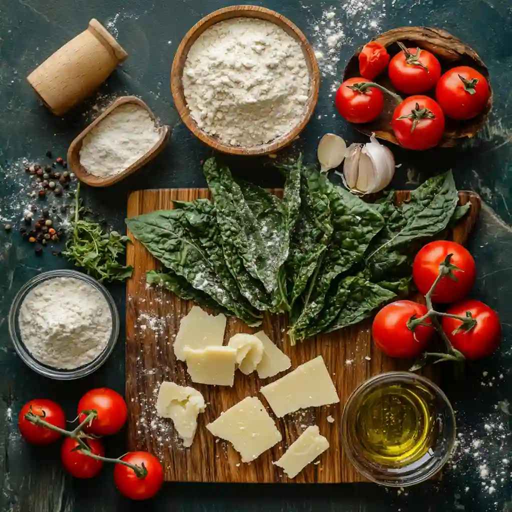 Ingredients for papalos deep dish pizza arranged on a prep board