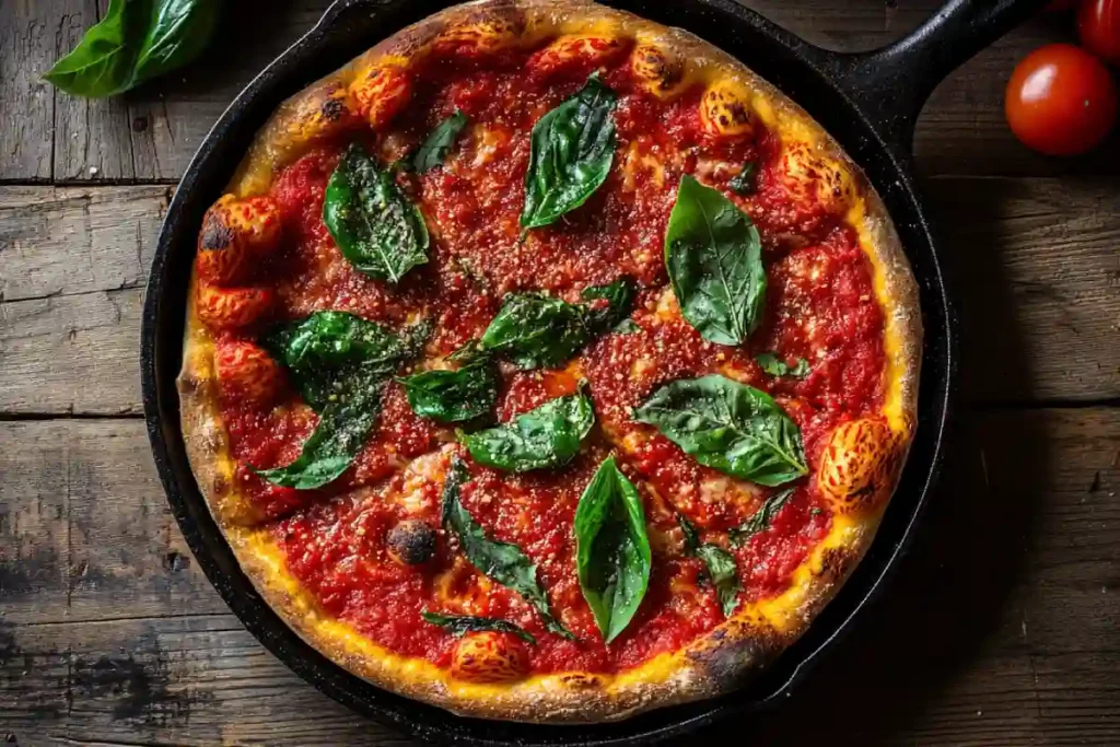 Papalos deep dish pizza in cast-iron pan with fresh herbs