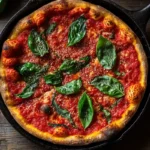 Papalos deep dish pizza in cast-iron pan with fresh herbs