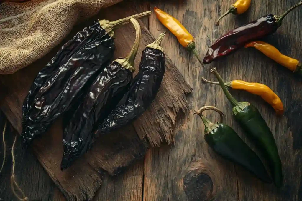 Pasilla bajio chili pepper on wooden table