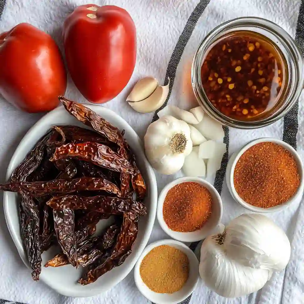 Ingredients for pasilla pepper sauce arranged on a white background