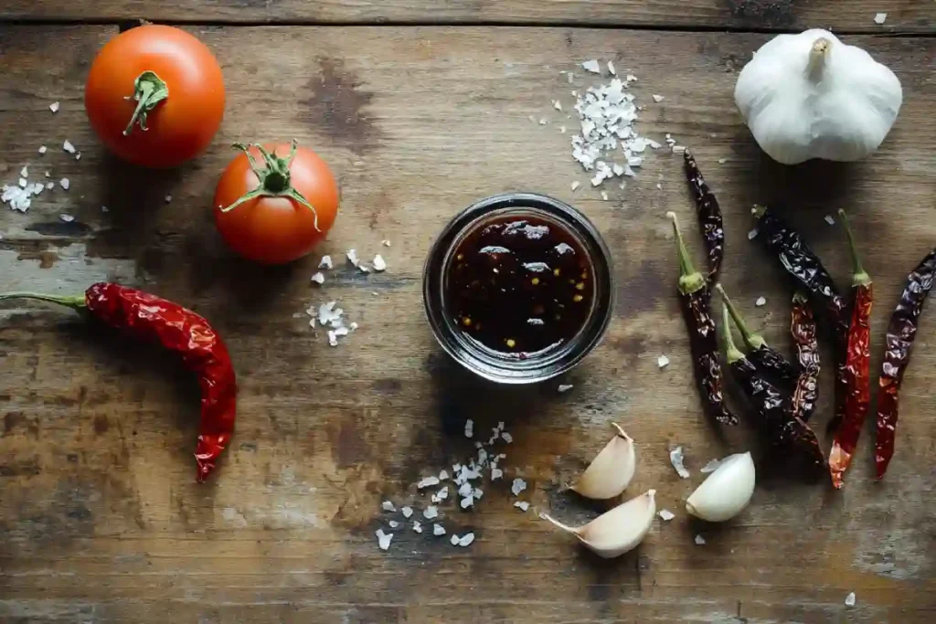 Pasilla pepper sauce recipe in a glass jar with rustic ingredients
