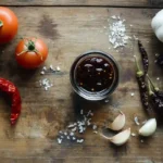 Pasilla pepper sauce recipe in a glass jar with rustic ingredients