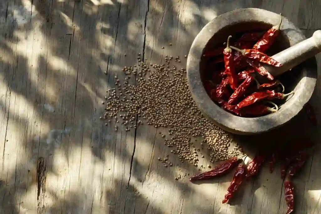 Dried pasilla peppers on wooden surface with spices