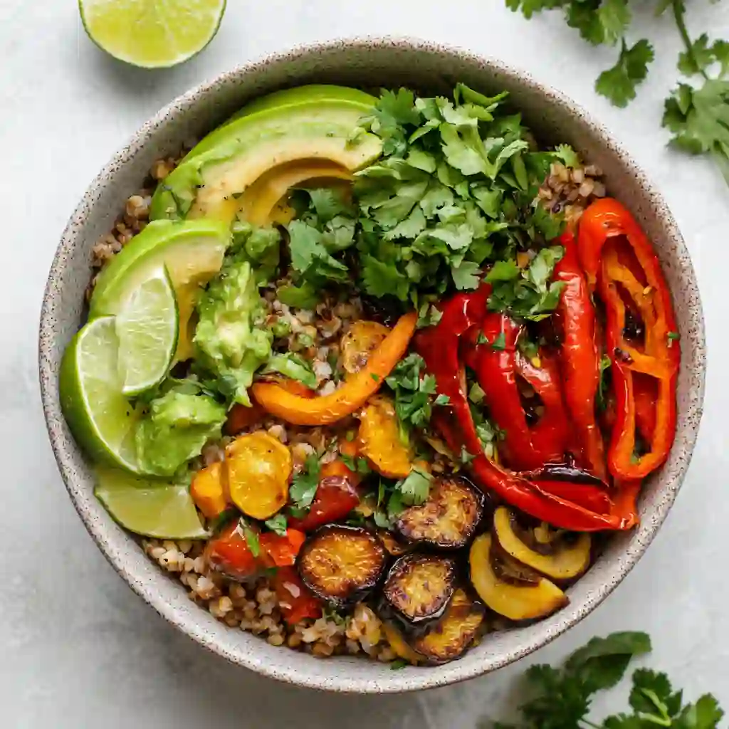 Plant-based bowl with roasted veggies and pasilla peppers