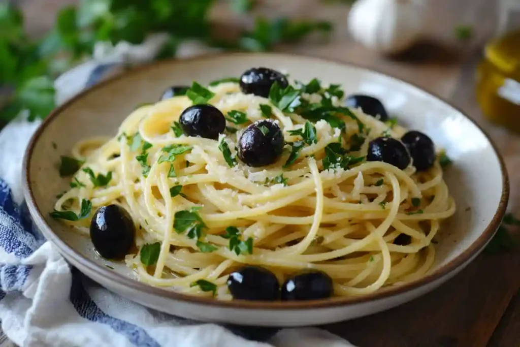 Pasta with black olives served rustic Mediterranean-style