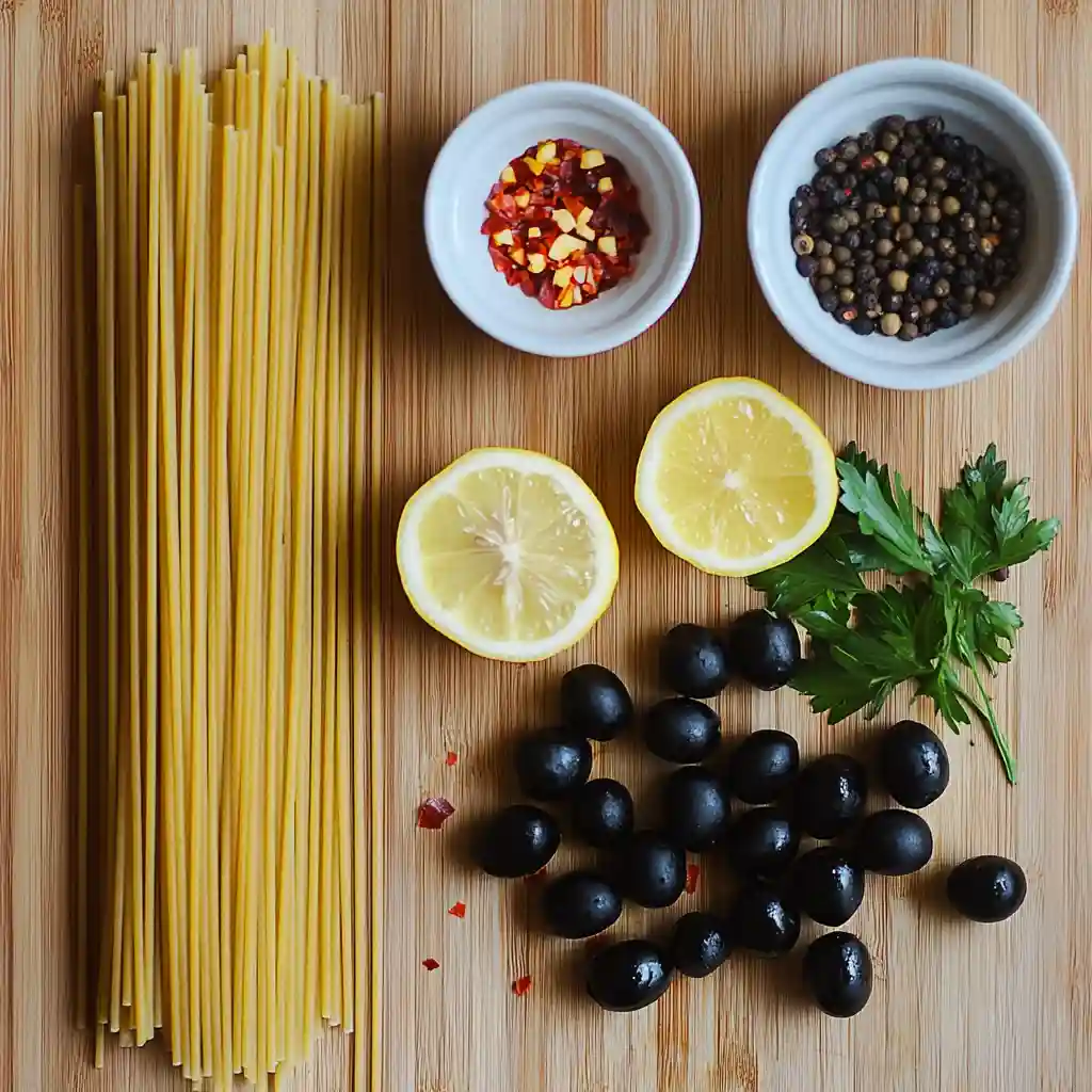 Ingredients for pasta with black olives on wooden board