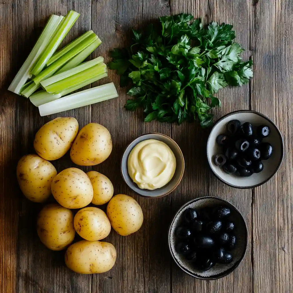 Ingredients for potato salad with black olives