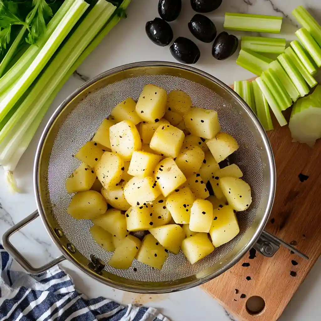 Boiled potatoes and chopped olives for potato salad