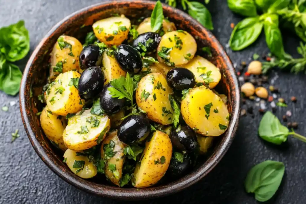 Potato salad with black olives served in a rustic bowl
