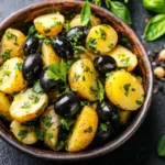 Potato salad with black olives served in a rustic bowl