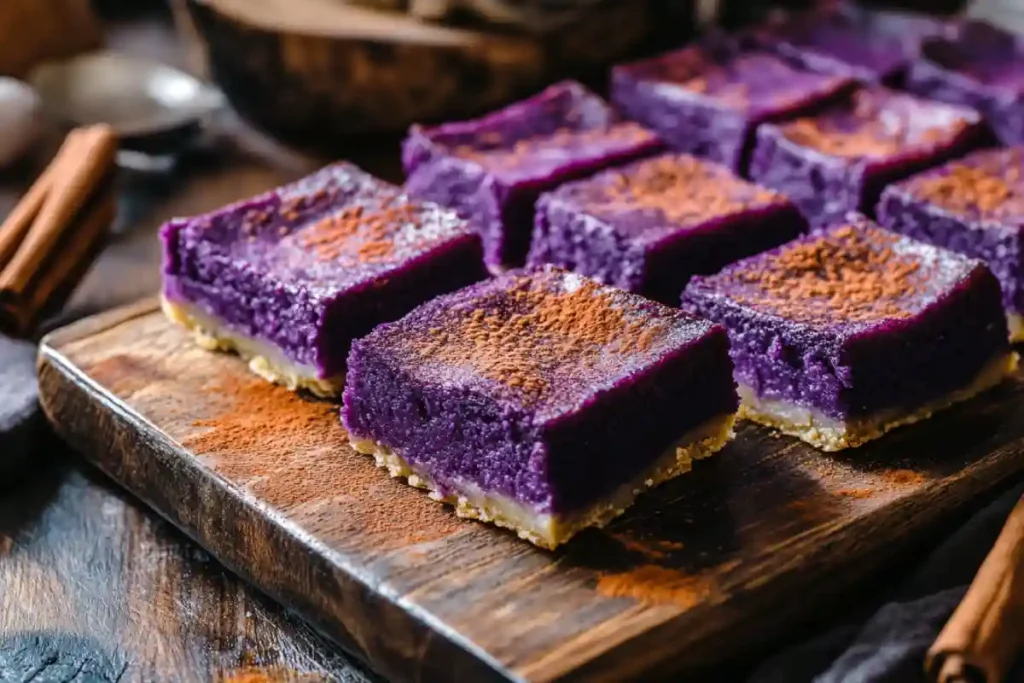 purple potato pie bars on rustic tray