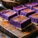 purple potato pie bars on rustic tray