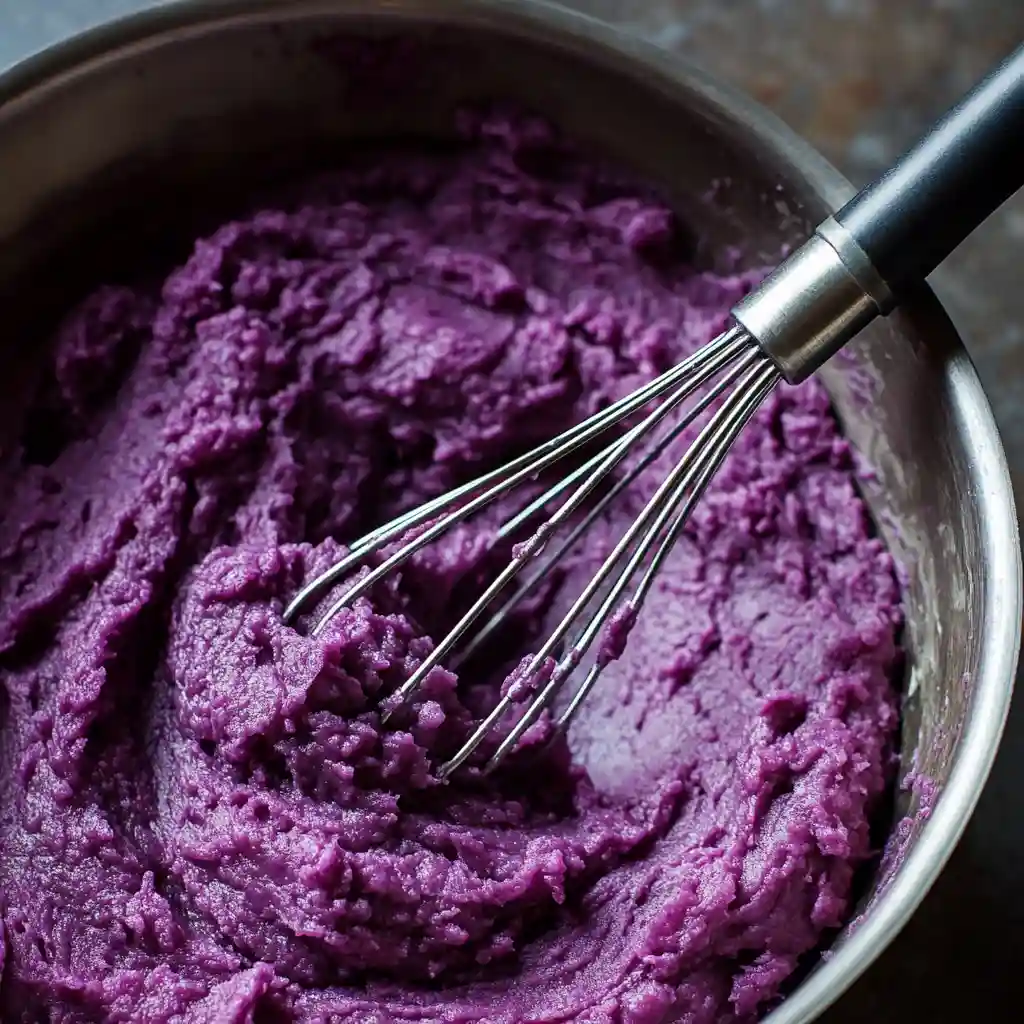 mixing purple potato pie bar filling