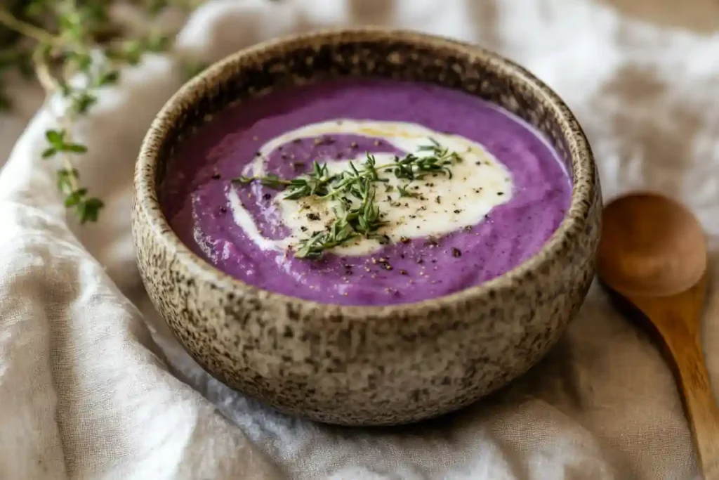 purple potato soup in rustic bowl