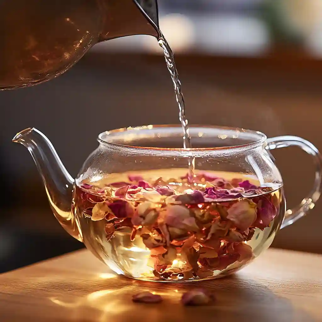 Brewing rose petal tea with glass teapot
