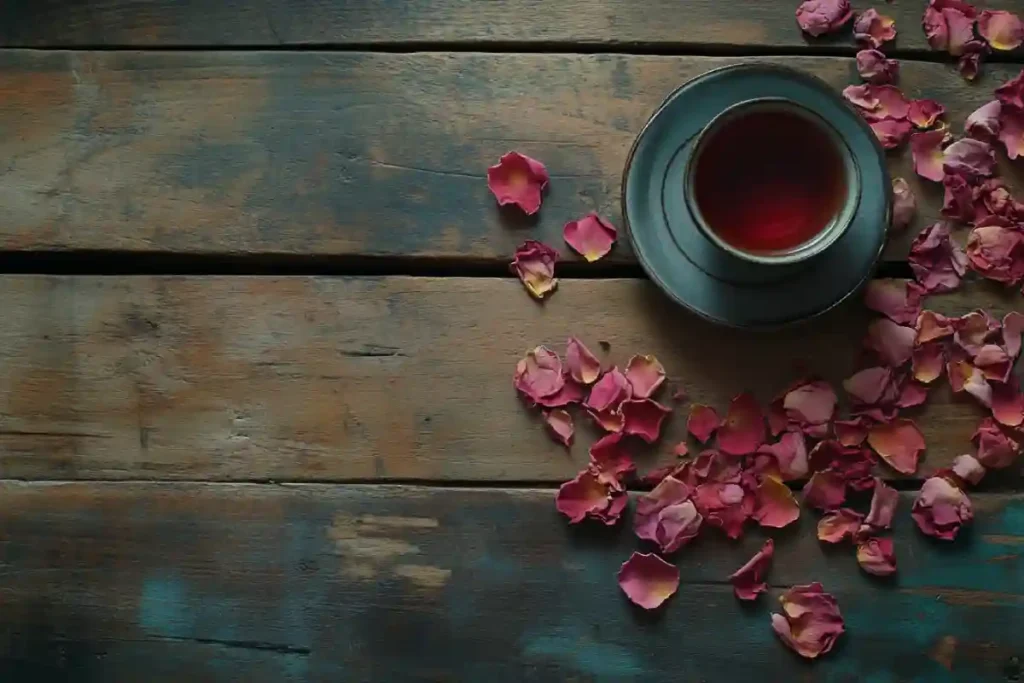 Rose petal tea in ceramic cup with dried petals