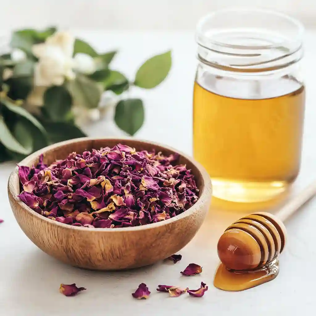 Ingredients for rose petal tea on kitchen counter