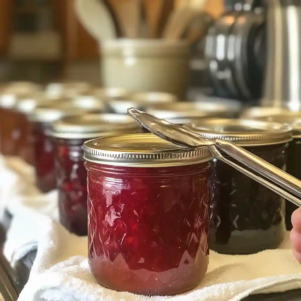 sealing jars of rose petal jelly