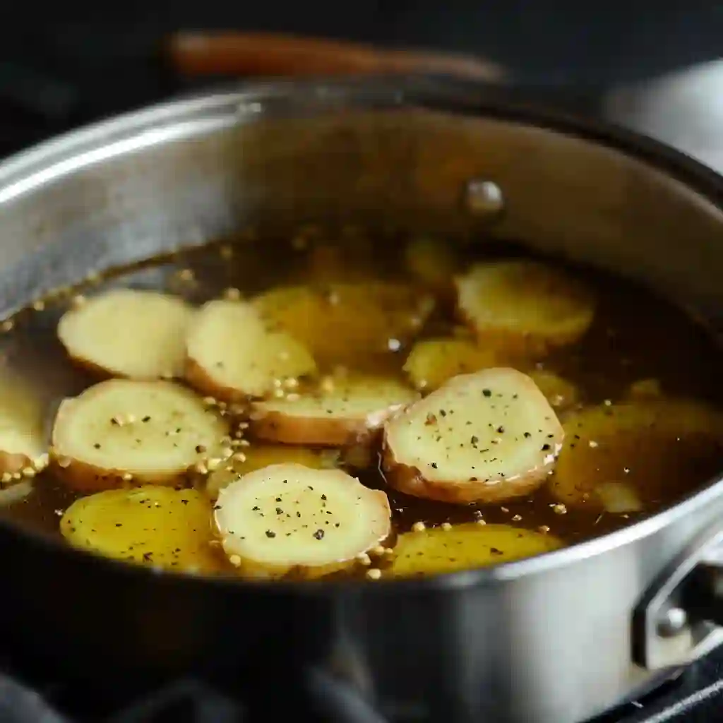 Simmering white pepper broth with ginger