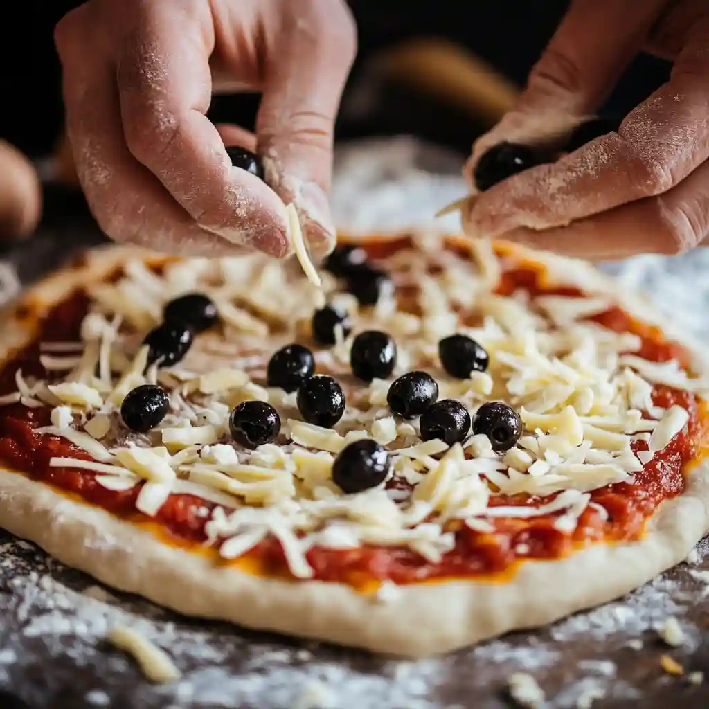 adding black olives to pizza dough