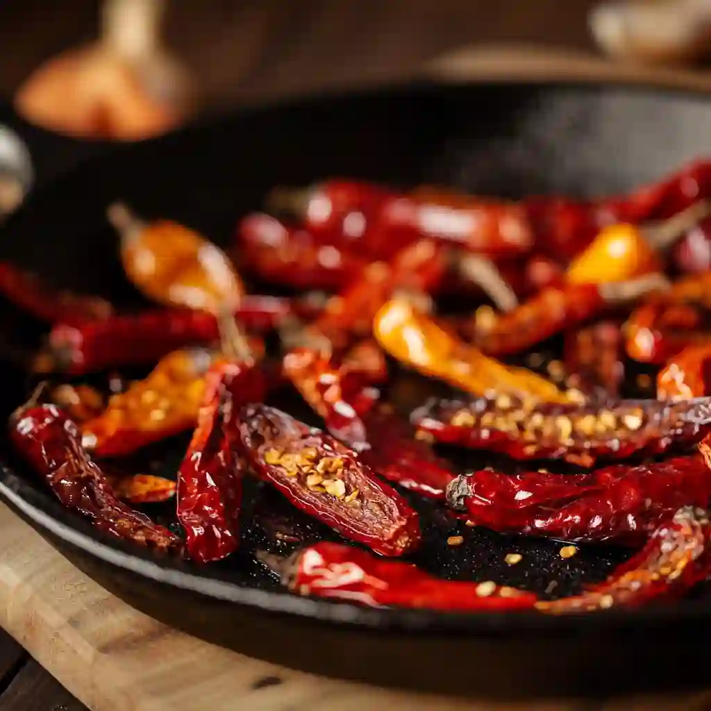 dried ancho and pasilla peppers toasting in cast iron skillet
