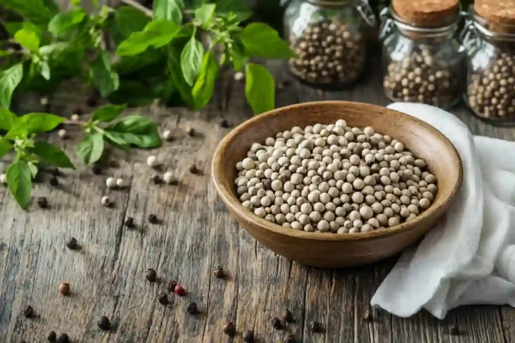 Bowl of whole white peppercorns on rustic table