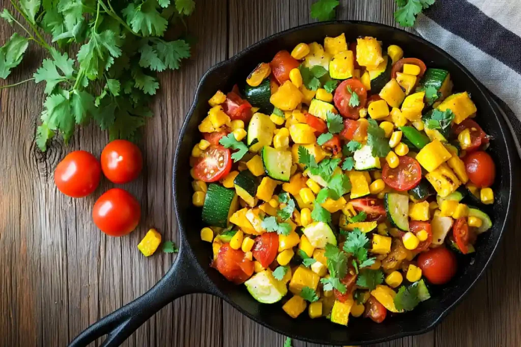 Calabacitas recipe in cast iron skillet with corn and squash