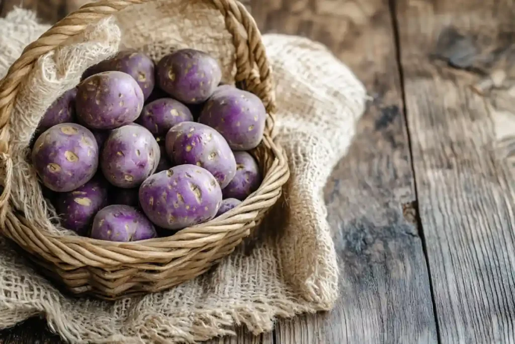 purple potatoes in rustic basket