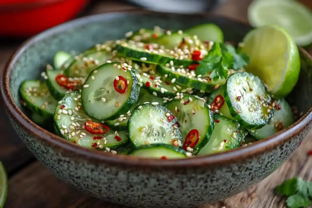Spicy cucumber salad in a rustic bowl