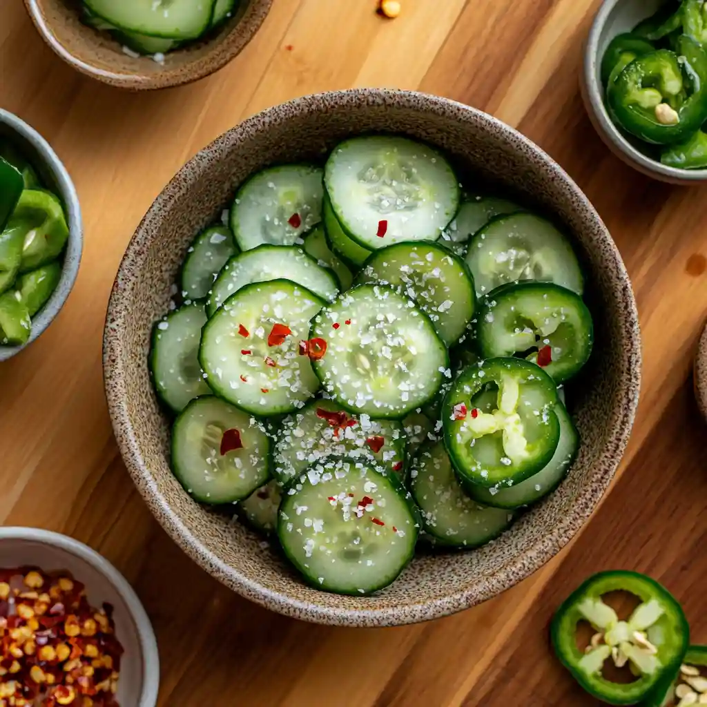 Spicy cucumber salad ingredients with chili and jalapeños