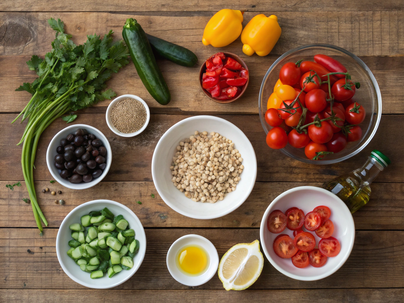 ingredients for vegetarian farro recipes including farro grain, vegetables, and herbs
