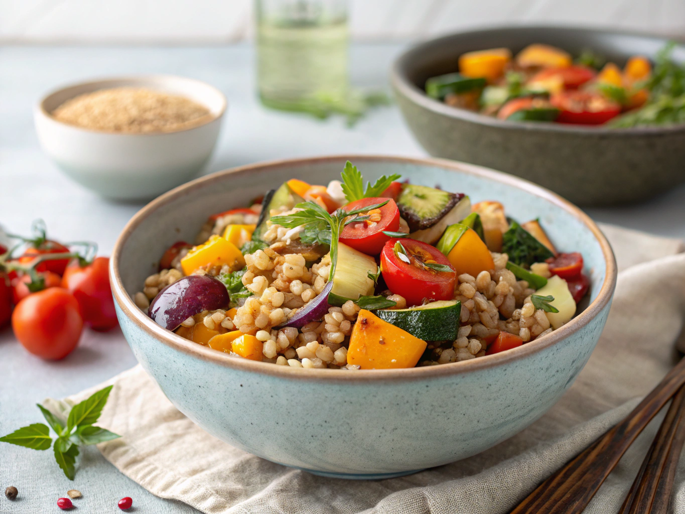 bowl of vegetarian farro recipes filled with roasted vegetables and herbs
