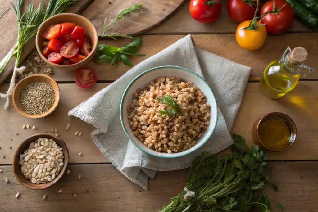 Farro grain bowl with vegetables and olive oil