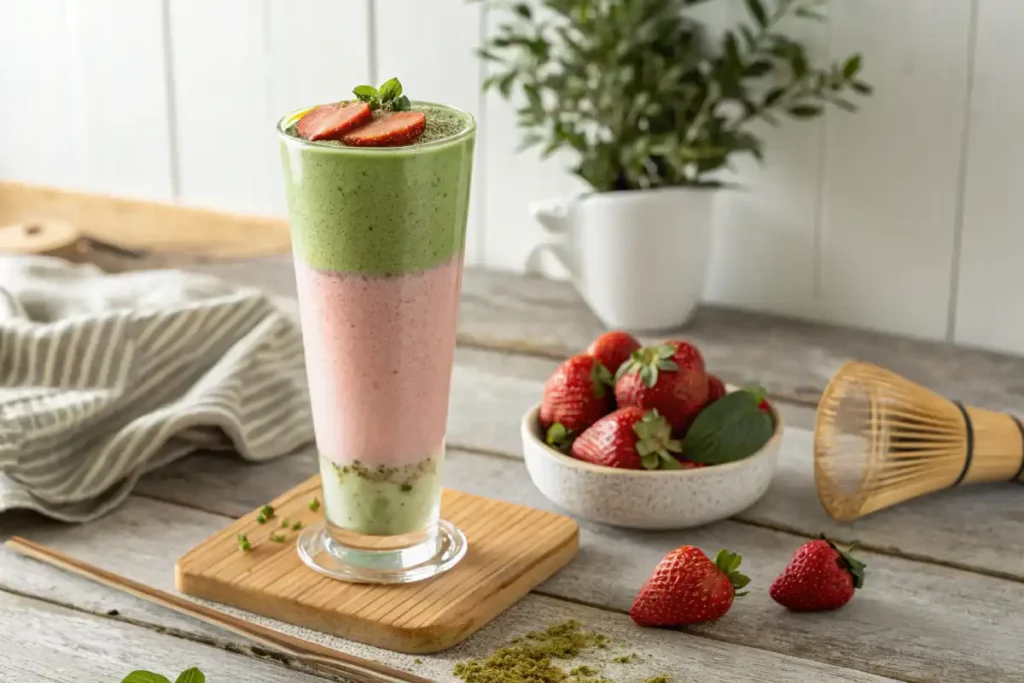 strawberry matcha latte layered in clear glass